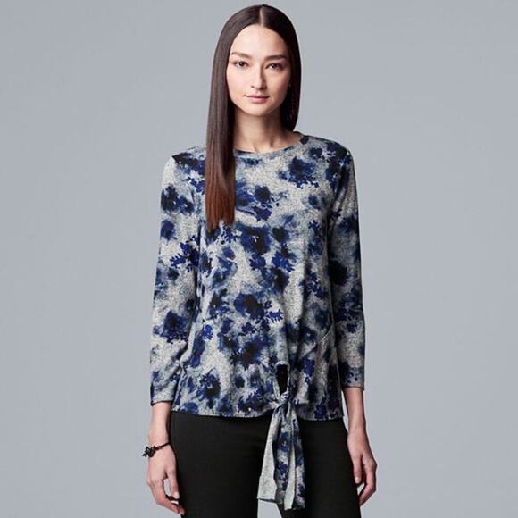 Simply Vera Vera Wang Women's Tie Front Long Sleeve Blouse Size Small Watercolor - Picture 1 of 9